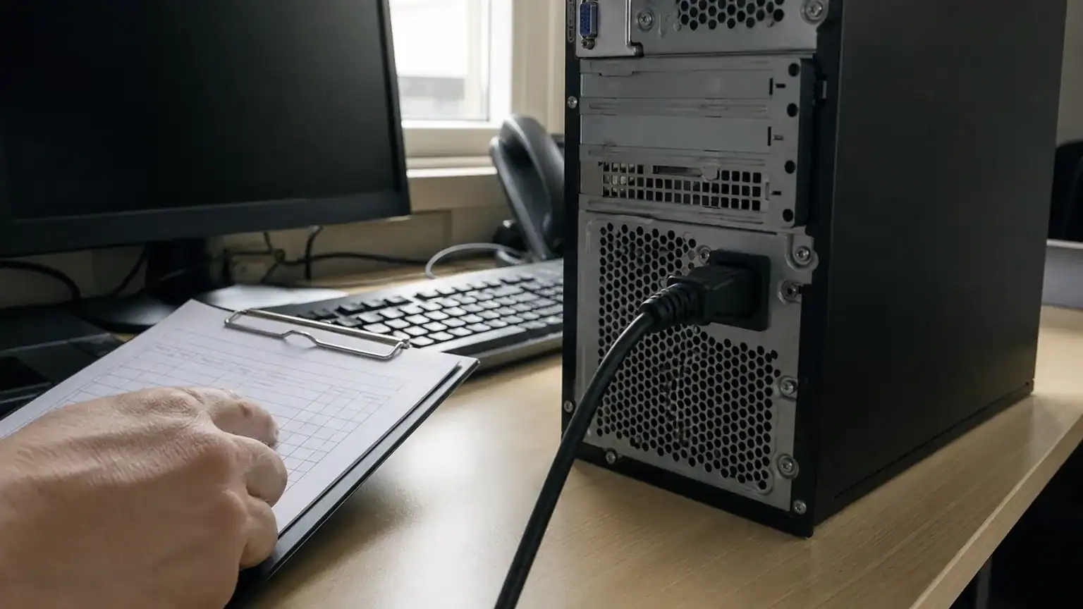 A person's hand rests on a notepad at a wooden desk beside a black and gray computer tower with visible vents and cables, with a keyboard, monitor, and window visible in the background.